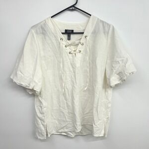 Linen Blend Peasant Lace Up Blouse Puff Sleeve White Medium Boho Coastal‎